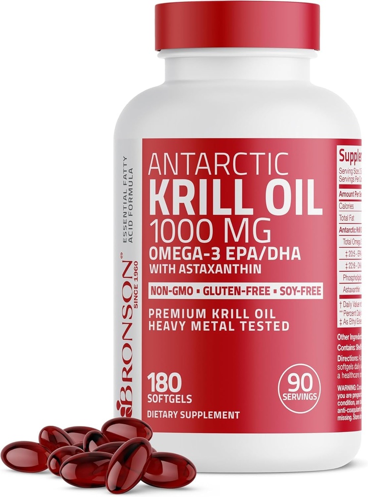 Bronson Antarktis Krill Oil 1000 mg Omega-3s EPA, DHA, Astaksantiini ja fosfolipidit 180 Softgels