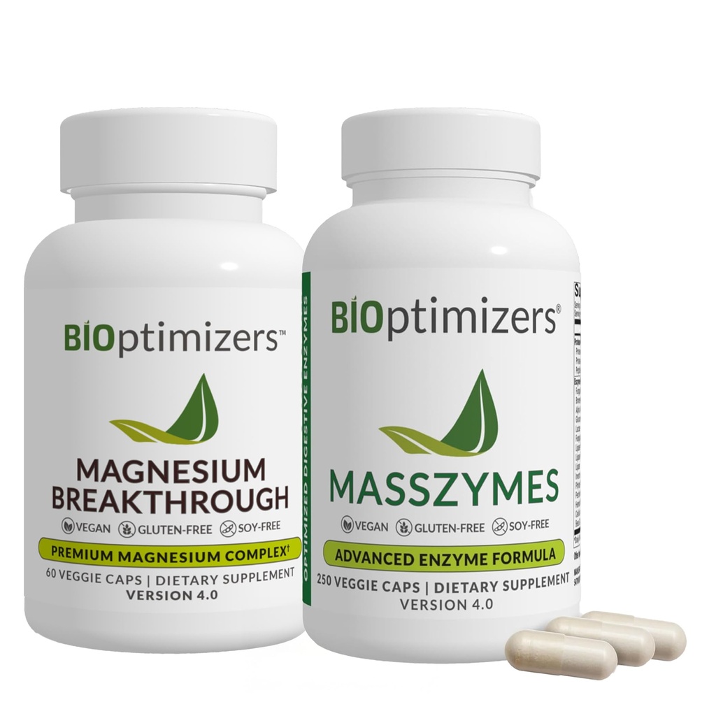 BiOptimizers Magnesium Breakthrough 4.0, (60 kapslar) & MassZymes 4.0, (250 kapslar) - Natursömn, hjärna och Digestive Health Support Supplement Bundle