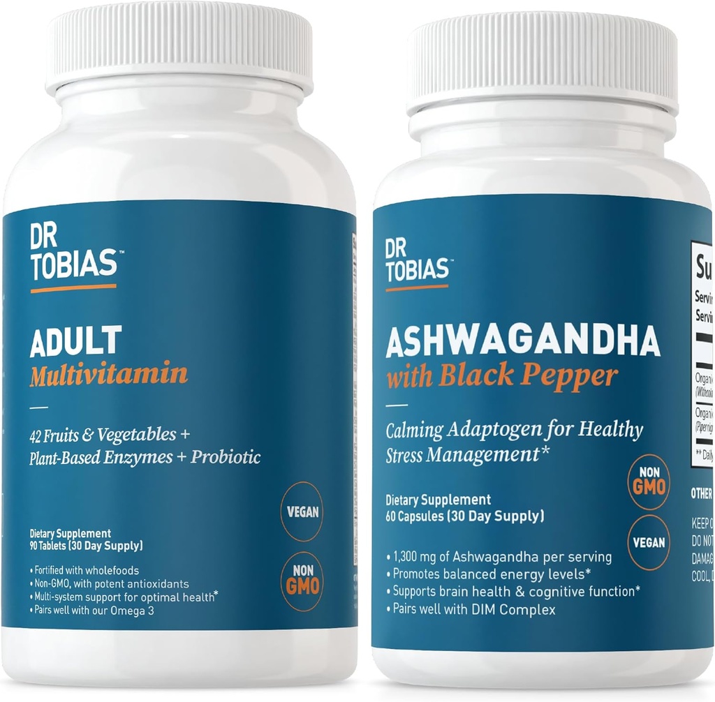 Tobias Adult Multivitamiinit ja Ashwagandha-kapselit, jotka tukevat yleistä hyvinvointia ja tasapainoista energiaa ja kestävyyttä, vegaanisia, muita kuin muuntogeenisiä organismeja
