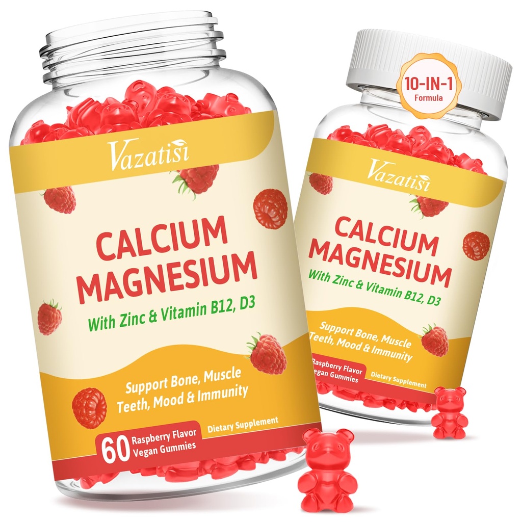 2 Pack kalsium Gummies kanssa magnesium, sinkki, D3-vitamiini ja B12, kalsium täydentää naisten miesten, tukea luun, lihasten ja immuniteetin, 120 vegaani vadelma maku Gummies