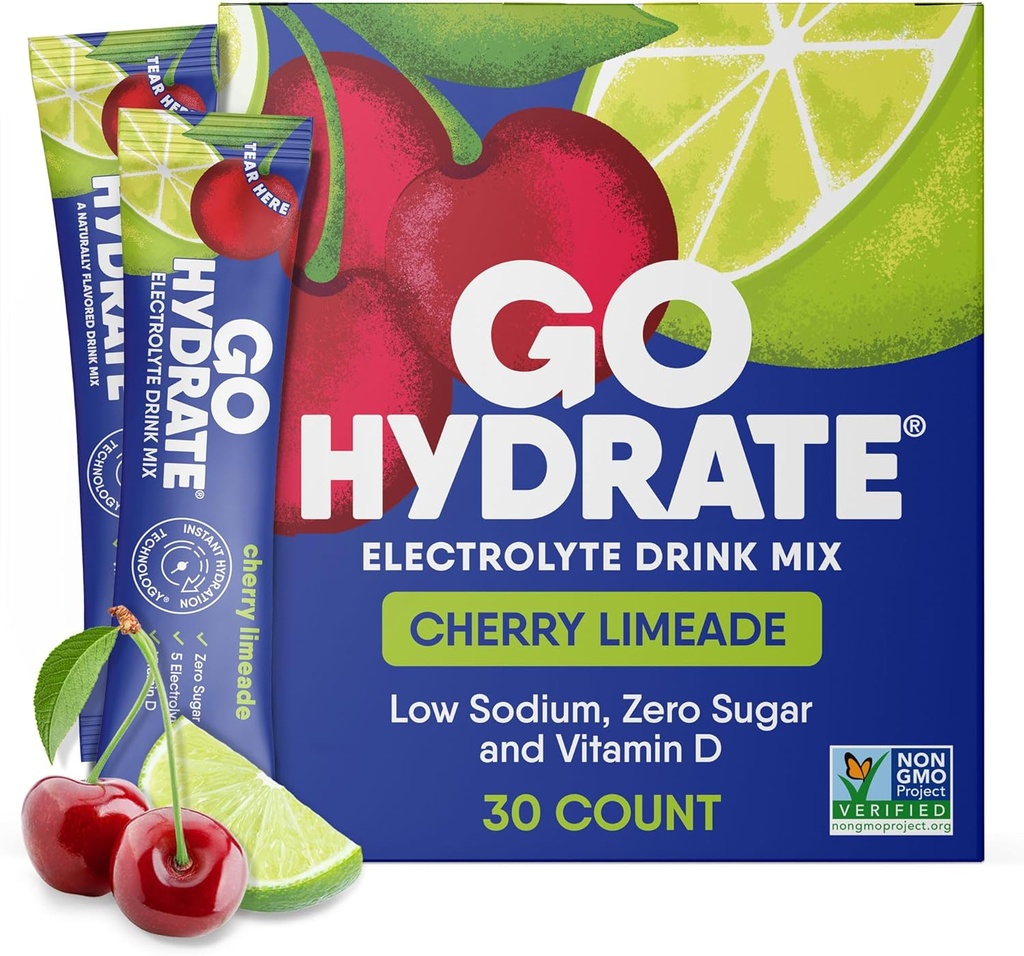 GoHydrate Low Sodium Electrolytes Powder Packets Sugar Free - Instant Hydration Daily Drink Mix - Zero Sugar Water Flavor Packet Singlar med vitamin D - (Cherry Limeade, 30 Packs)