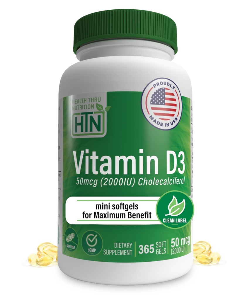Health Thru Nutrition Vitamin D3 2000iu 365 Mini Softgels för maximala fördelar | År Supply | 50mcg Cholecalciferol | 3rd Party Tested | Non-GMO USP Grad i EVOO | Immun Health Support