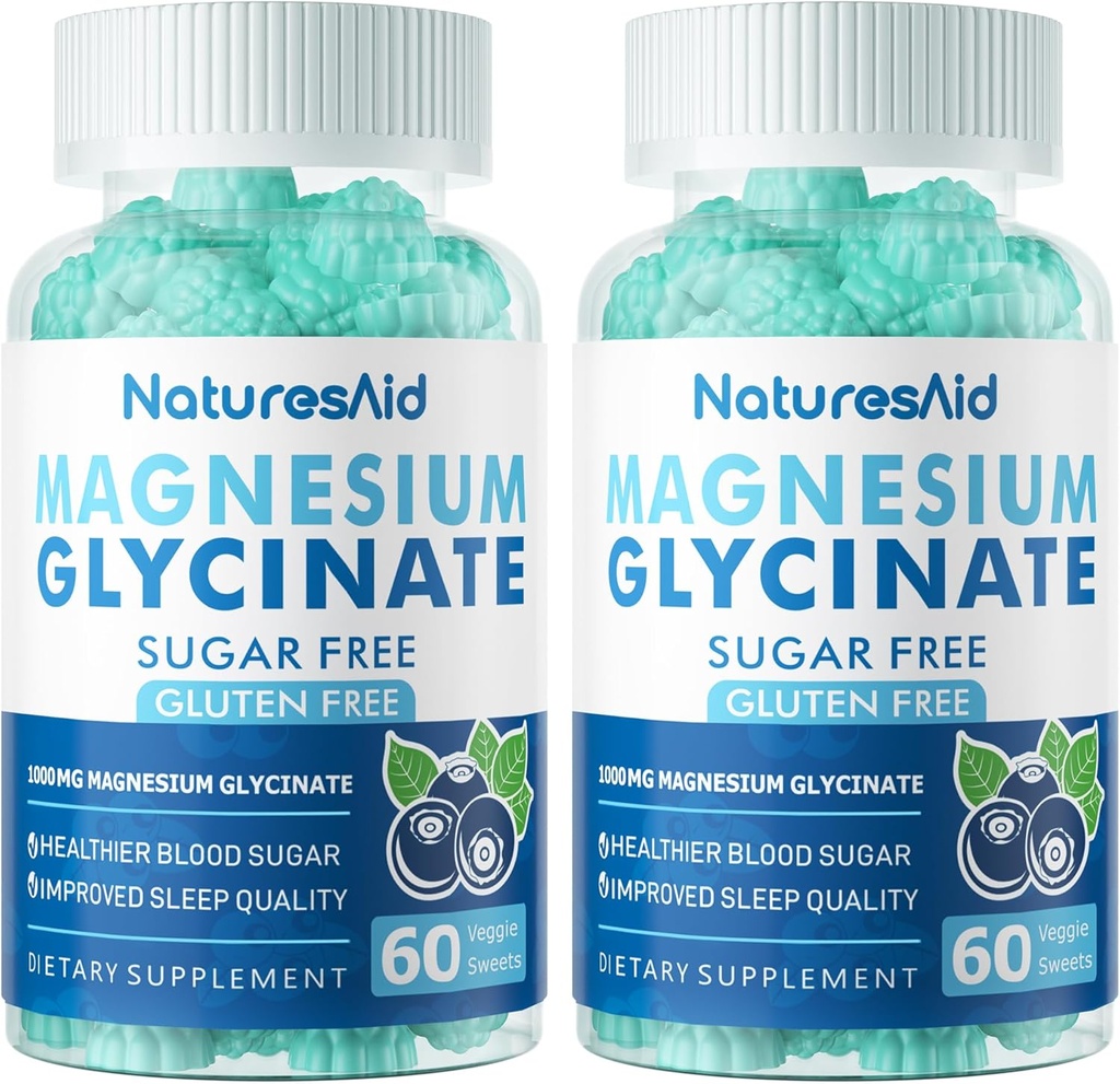 Magnesium Glycinate Gummies 1000 mg - Sokeriton magnesium Kaliumlisä D-vitamiinilla, B6, CoQ10 rauhoittaville mielille ja unille - 120 mustikkatypykkä -2 pakkaus