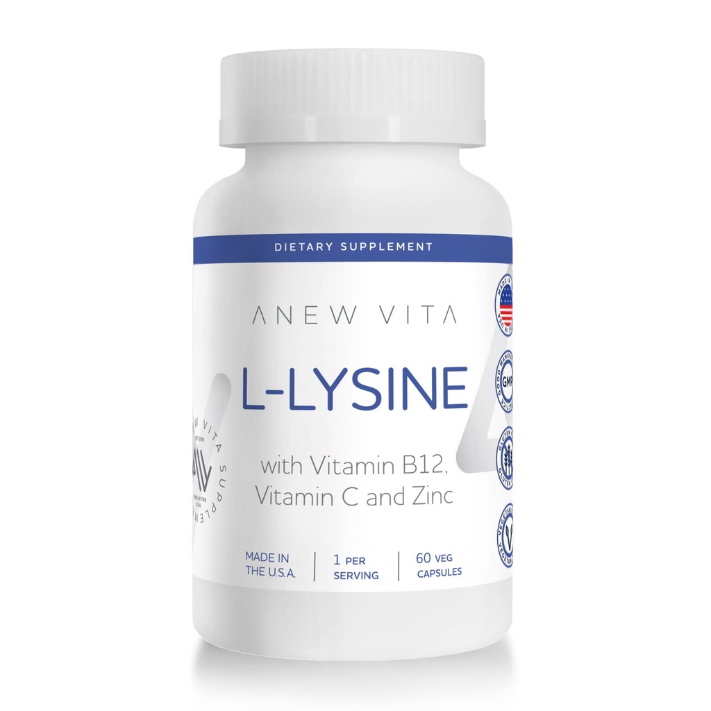L-Lysine Supplement med vitamin B12 + C + Zink för Lip, Mouth och Oral Tissue Health - Förbättrad Wellness Support - Non-GMO, Gluten-Free - Made in USA - 60 Vegetable Capsules, 500mg