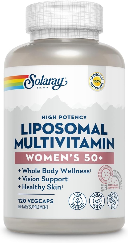 SOLARAY Liposomaalinen monivitamiini naisille 50 Plus, tehostettu imeytyminen rauta, D-vitamiini, C-vitamiini, B12, Biotiini & enemmän, Immuunituki & Bone Health, Vegan, 60 tarjoilua, 120 VegCaps