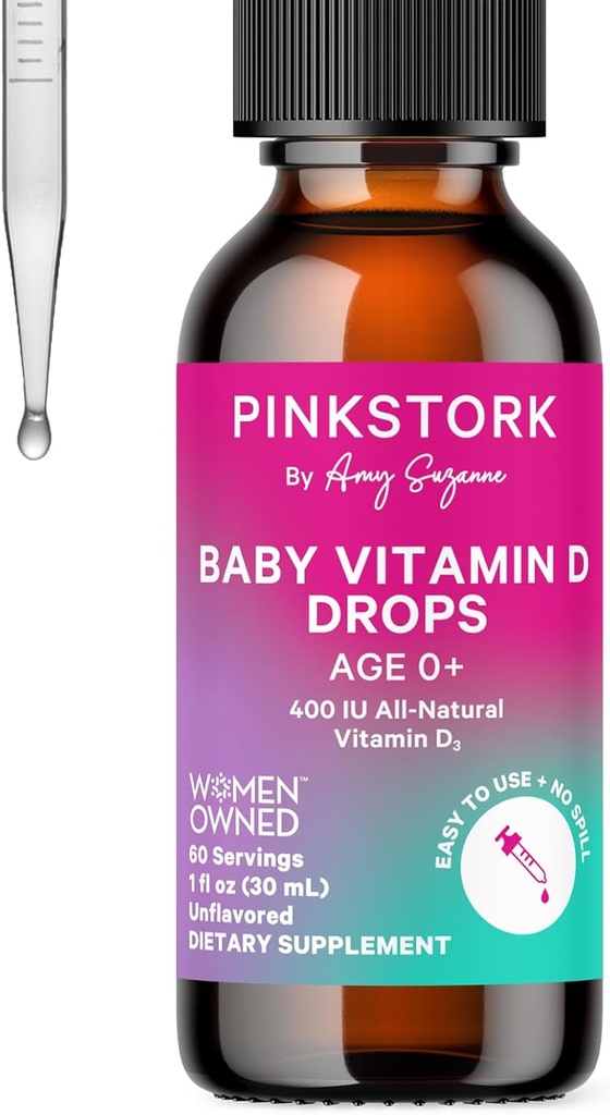 Vaaleanpunainen Stork vauvan nestemäinen D-vitamiini D-tippa lapsille, 400 IU D3-vitamiinia vastasyntyneille ja lapsille tukemaan luun kehitystä ja tervettä immuunitoimintaa - 1 fl oz, 2 kuukauden tarjonta