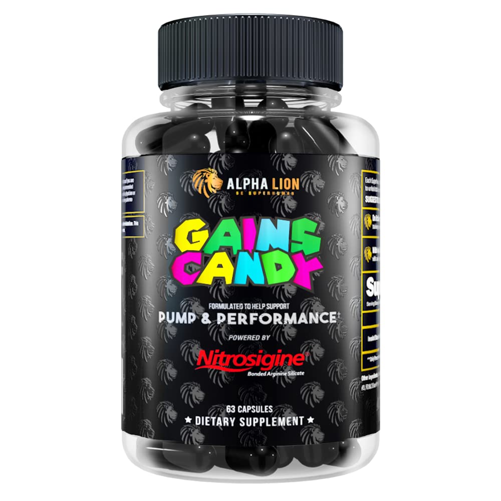 AAKKOSELLINEN LION Gains Candy, täydentää pillereitä lihaspumpun ja veren virtausta, typpioksidi Booster, tukee henkinen keskittyä, käyttää päivittäin päivittää harjoittelu suorituskykyä, 63 kapselia (Nitrosigine)