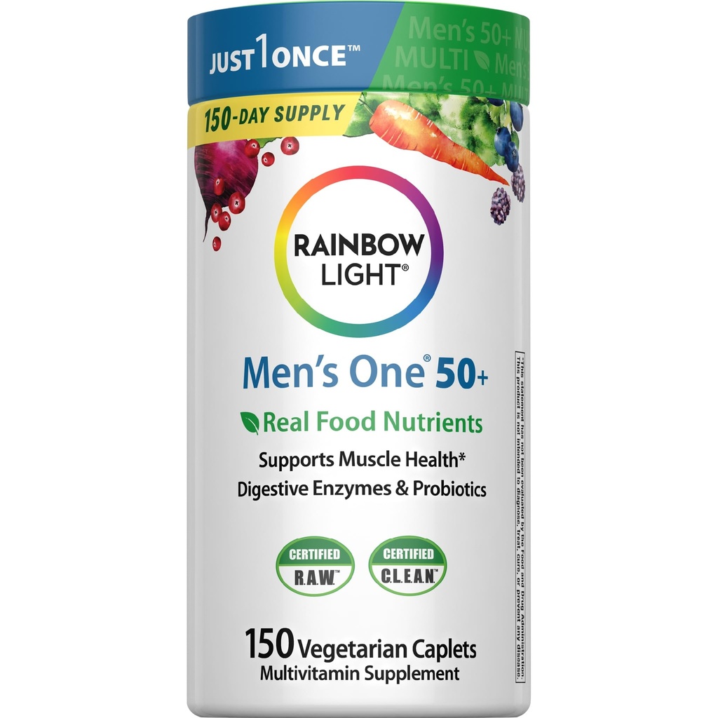 Rainbow Light Multivitamiini miehille 50+, C-vitamiini, D & Sinkki, Probiootit, Miesten yksi 50+ Multivitamiini tarjoaa korkean teho Immuuni tuki, ei-GMO, kasvissyöjä, 150 tablettia