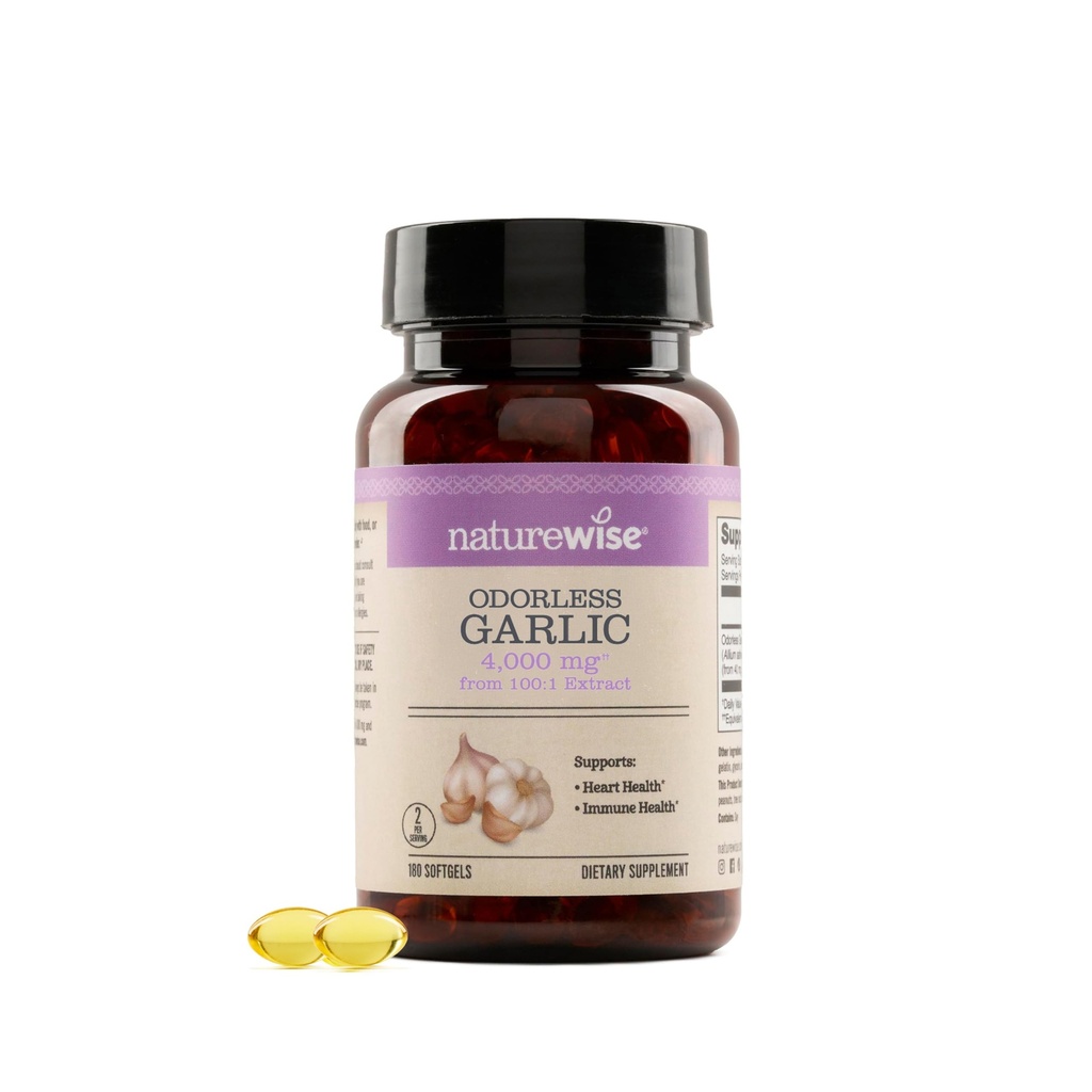 NatureWise Odorless Valkosipuli Supplement 4000mg - Ultra Potent 100:1 uute - Terve Kolesteroli Formula, Heart Health Support - Ei-GMO, Gluteeniton, Halal Liivate - 180 kreivi[90-päivä tarjonta]