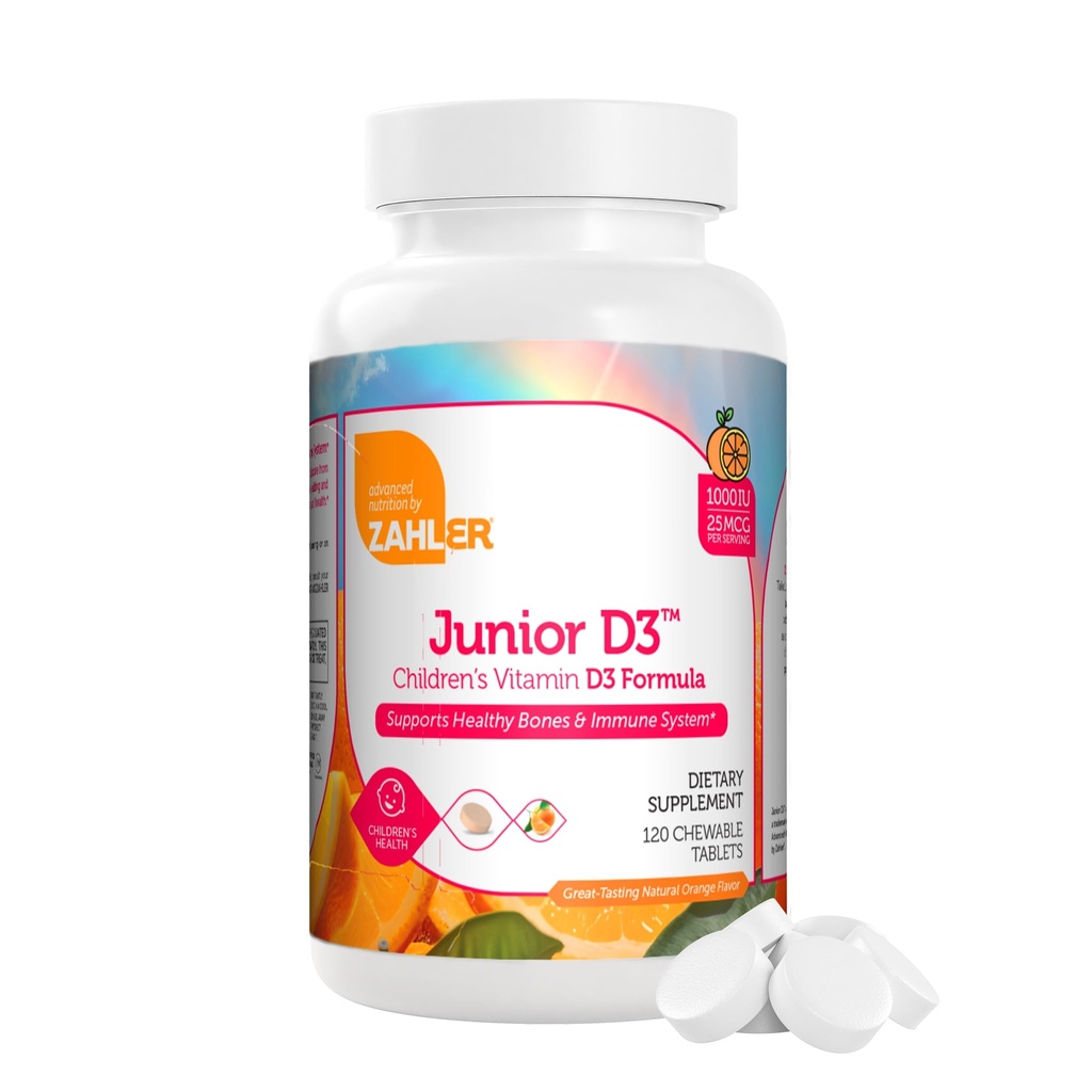 Zahler Junior D3 Vitaminer 1000 IE - för barn - D-vitamin för barn att stödja ben, tänder och immun hälsa - Kosher Orange smak - 120 greve.