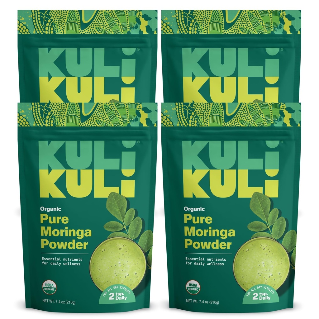 Kuli Kuli Moringa Oleifera Organic Leaf Powder & Green Smoothie, 100% Pure USDA Certified & non-GMO Moringa Powder, Great with Smoothies, Tea, and Food, 4 Pack