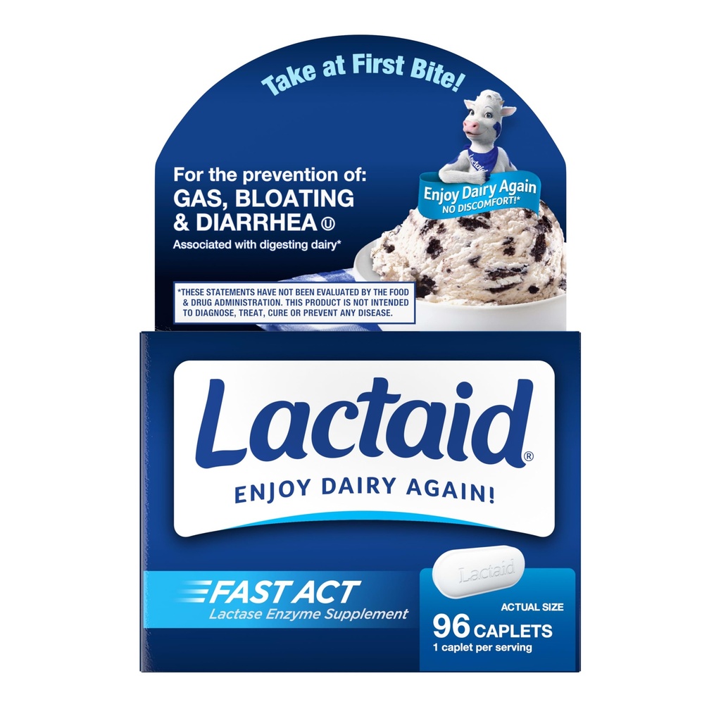 Lactaid Fast Act Lactose Intolerance Caplets med Lactase Enzyme, Dairy Relief från Gas, Bloating & Diarrhea, 9000 FCC Lactose Intolerance Pills, 96 Individual Travel On-The-Go Packs (96 x 1 ct)