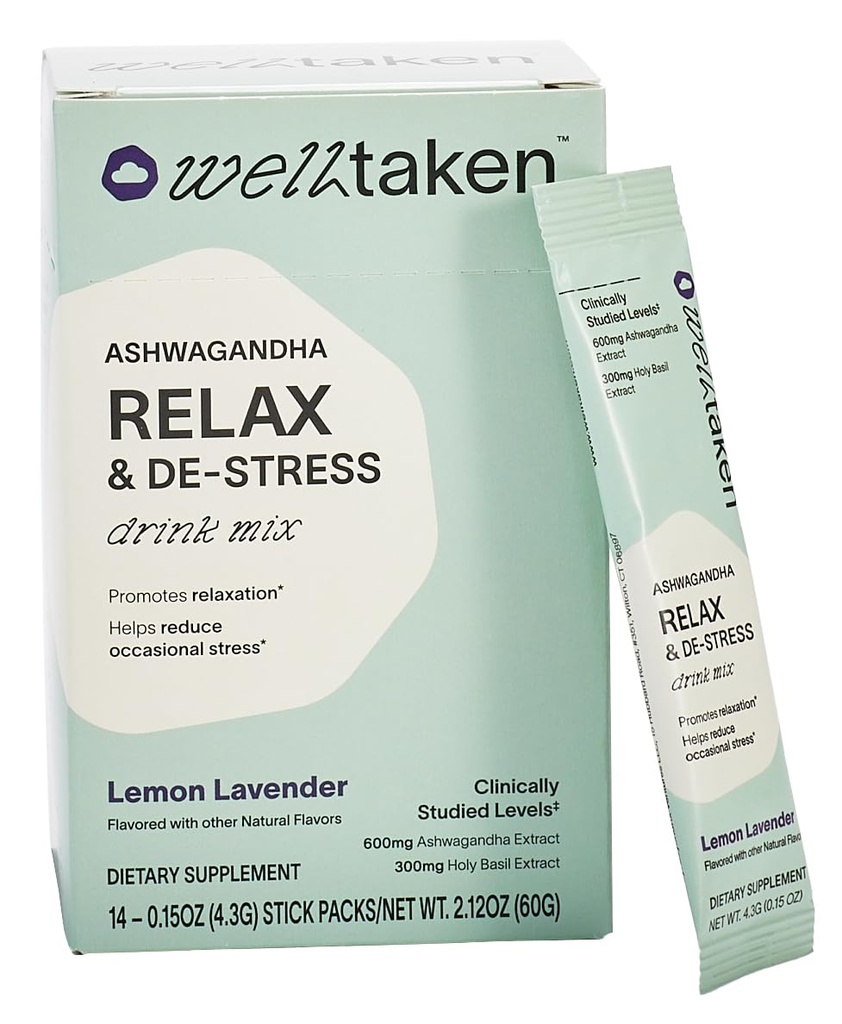 Ashwagandha Relax & De-Stress Powder - Lemon Lavender 14ct Box - 600mg Ashwagandha, 200mg L-Theanine, Holy Basil - Stöder Stress, Avkoppling - Vegan, No Added Sugar - 14 Servings