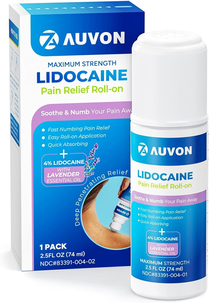 AUVAN Lidokaiini Roll-On with Essential Oil, Ei Mess Applicator, Max Strength Lidokaiini,Numb & Soothe Pain Relief for Knees, Olkapäät, FSA/HSA Oikeutettu, Laventeli, 2.5 OZ, 1 Pack