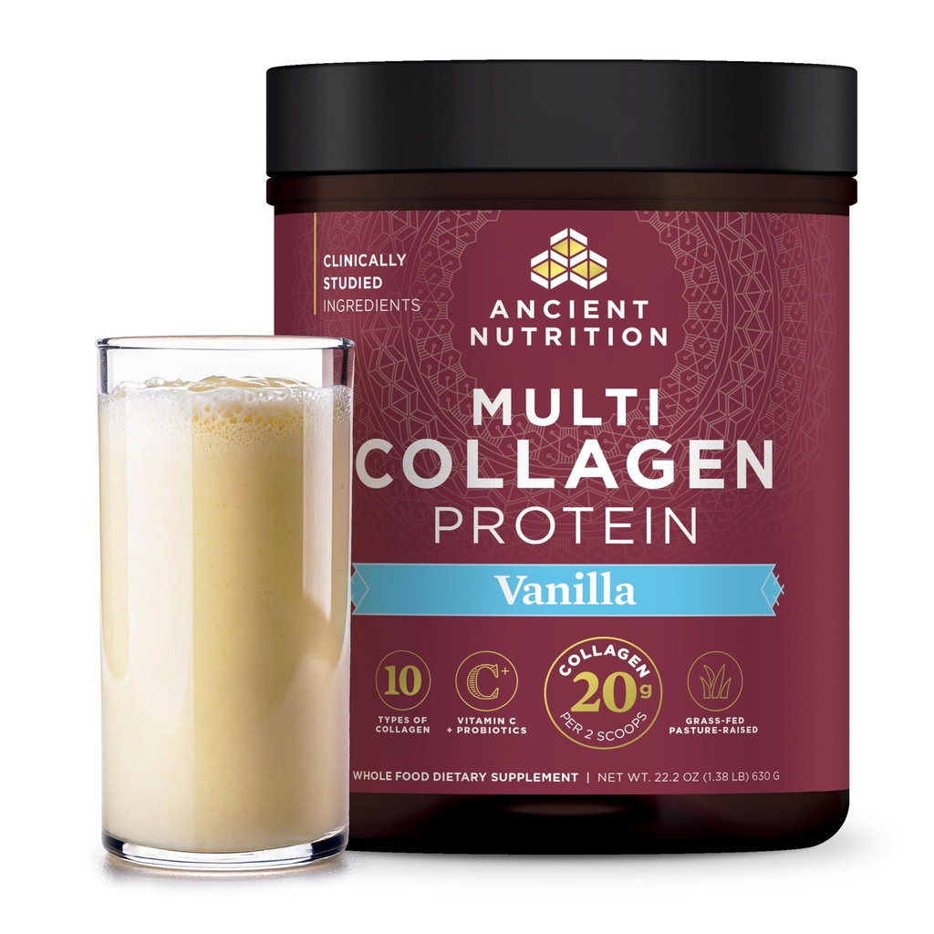 Antiikin ravitsemus Kollageeni Peptides Powder, Multi Collagen Protein, Naiset ja miehet, C-vitamiini, Probiootit, hydrolysoitu kollageeni, tukee ihoa, nivelet, Gut Health, Vanilja, 60 tarjoilua
