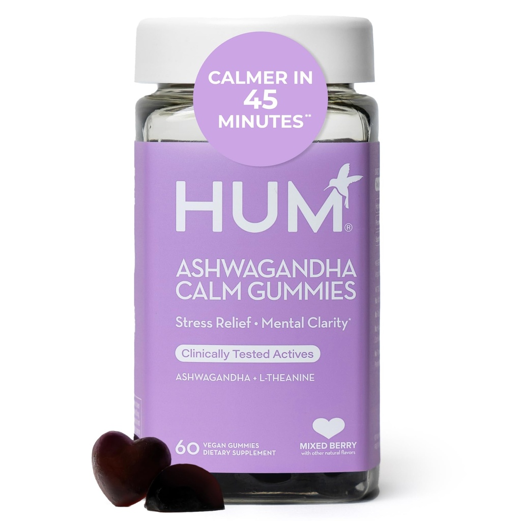 HUM rauhallinen Ashwagandha Gummies naisten ja miesten, L-Theanine Ashwagandha lisäravinteet päivittäin rentoutumista & selkeys tuki, Vegaani nopea toimia Gummy Formula, Mixed Berry Flavor, 60 Gummies