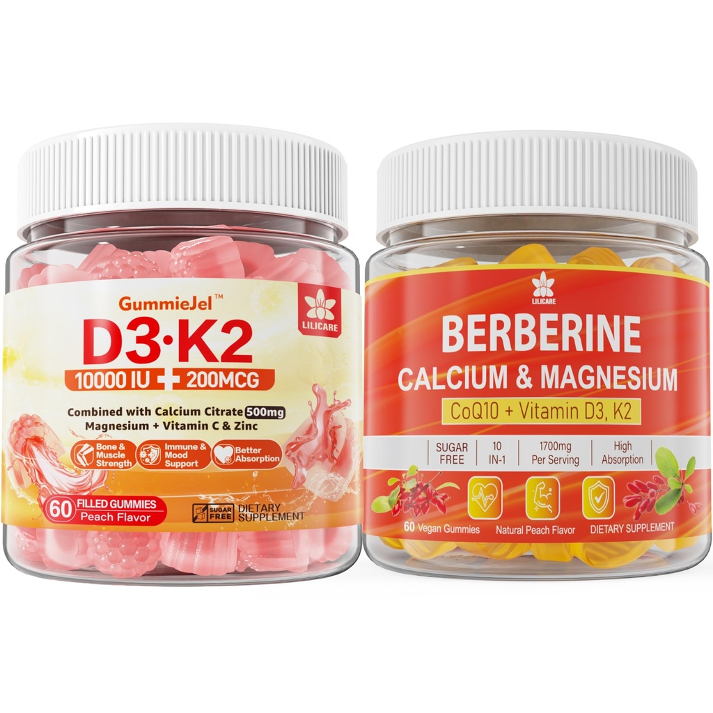 Sokeriton D3-vitamiini K2 Gummia, joissa on kalsiumia, magnesiumsitraattia, C-vitamiinia + berberiinilisävoiteita, liposomaalinen berberiini ja berberiini HCI, kalsium, magnesium