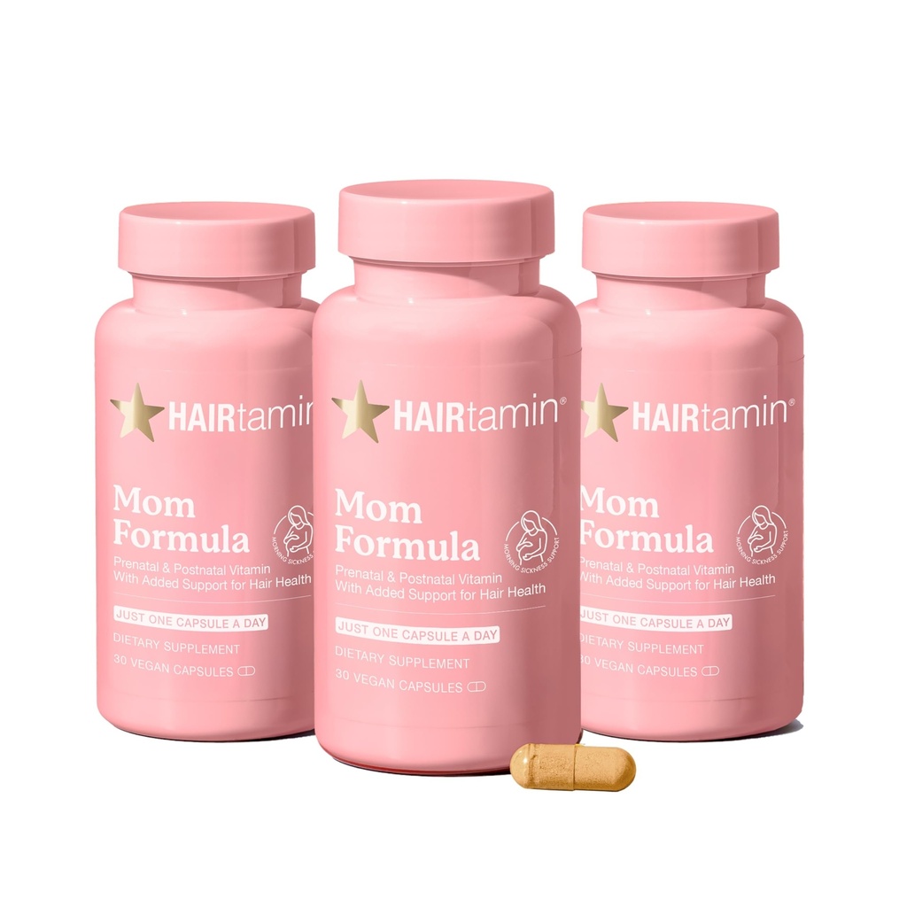 HAIRTAMIN MOM Vegaani prenataali- ja postnataali monivitamiinikapselit & hiusvitamiinit, synnytyksen jälkeinen, imetys, hiuskynnet ja ihovitamiinit naisille biotiini, sinkki, rauta (3-pakkaus)