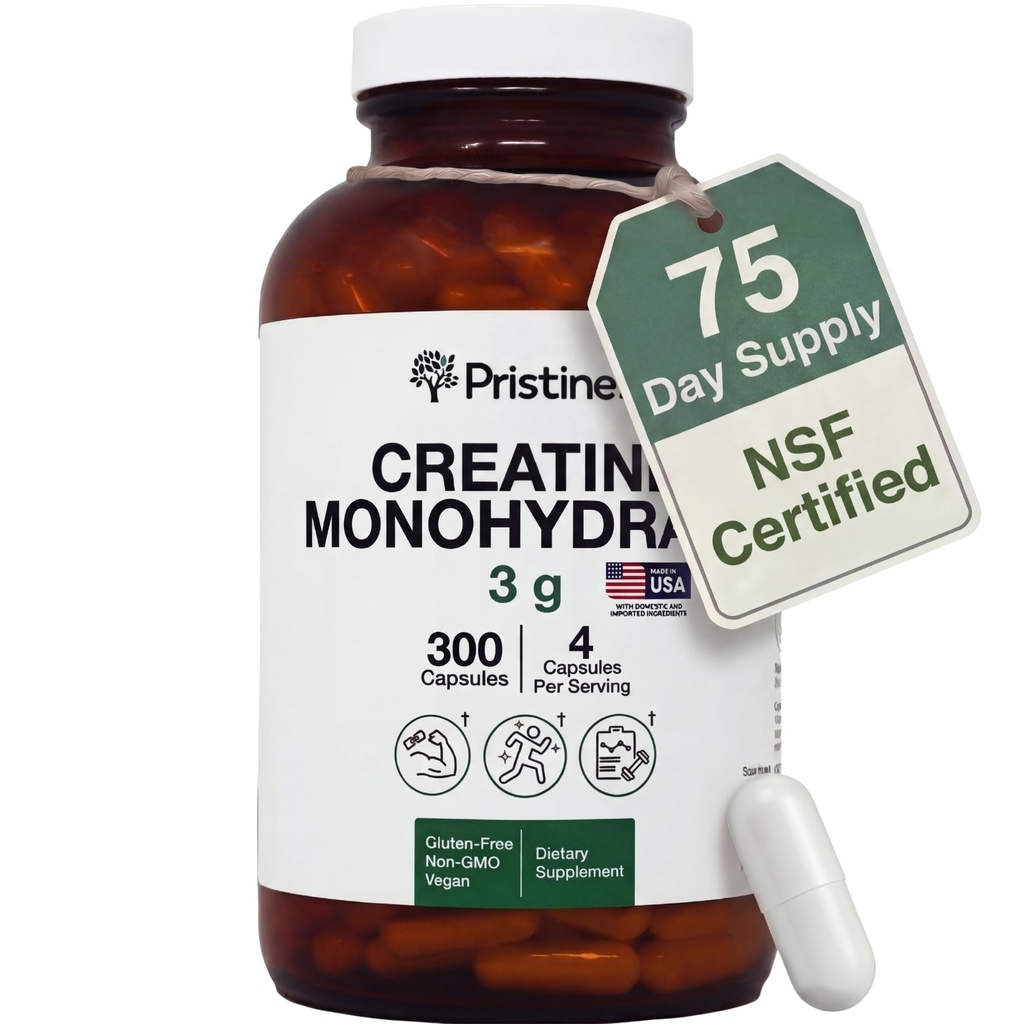 Pristine n Creatiini Monohydraatti kapselit naisille ja miehille - NSF Certified 75 Day Supply 3G Creatiini pillereitä naisille - Kognitiivinen ja urheilullinen suorituskyky tuki - parannettu Recovery lasipullo