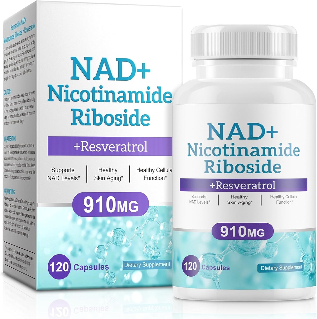 NAD Supplement för män och kvinnor - Liposomal Nicotinamide Riboside, Quercetin, NAD + Tillägg med Resveratrol 910mg - Stöder muskel, hjärna, energi, 120 kapslar