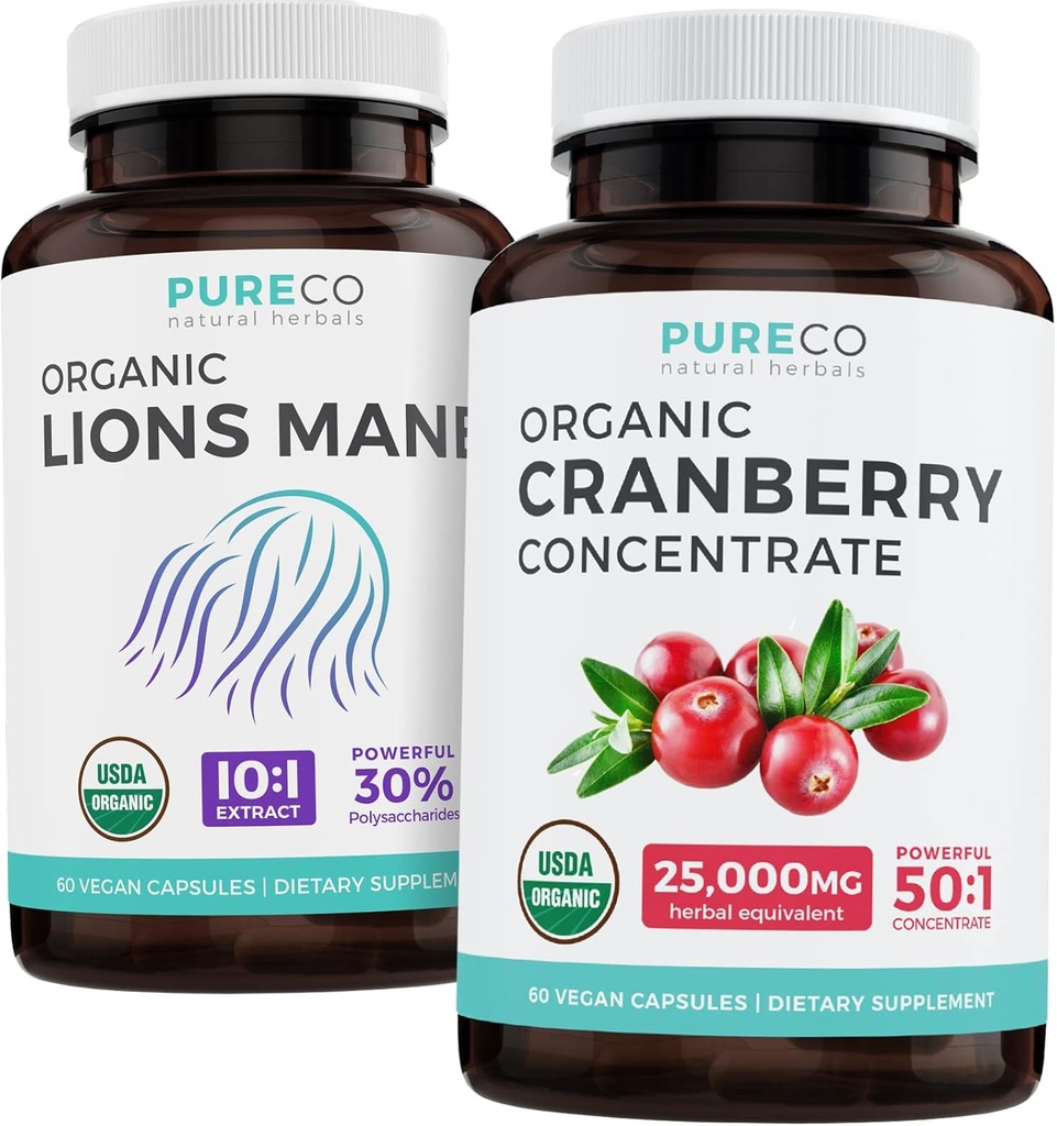Spara $ 4 (12% rabatt) - Mind & Body Bundle - Organic Cranberry Concentrate (50:1 Concentrate - Equals 25,000mg Fresh Cranberries) och Organic Lions Mane (10:1 Extract - Equals 10.000mg Mushrooms)
