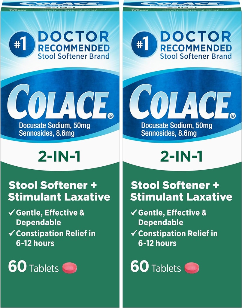 Colace 2-in-1 Stool Softener Plus Stimulant Laxative for Gentle Tehokas Ummetus Relief, Docusate Sodium Plus Sennosides, 60 Count (Pack of 2)