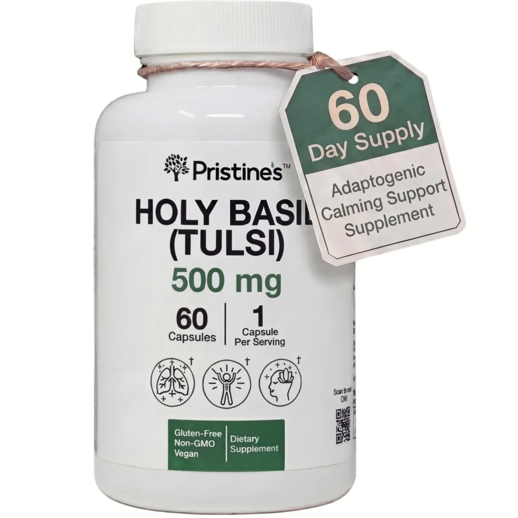 Pristine Holy Basil Kapselit - 500 mg Gluteeniton immuniteetti ja rentoutuminen Tuki Adaptogeeni täydentää - 60 päivän tarjonta - Tulsi Holy Basil Leaf Extract Kapselit - Vegan - ei-GMO