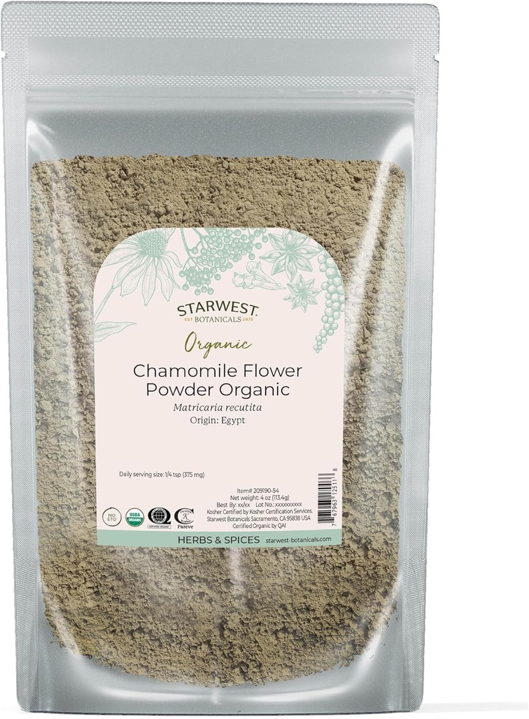 Starwest Kasvitieteet Organic Kamomilla Flower Powder - Kuivattu Loose Leaf Herb tee, kasvirohdosvoiteet, & paistaminen, Lähde Egyptistä, Certified Kosher, Ei-GMO - 4 oz Pouch