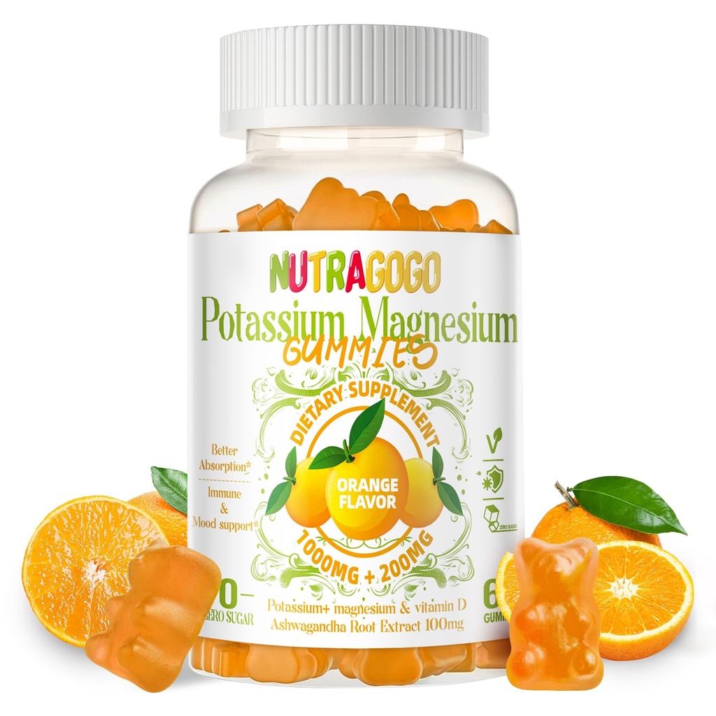 Kalium Magnesium Gummies,Potassium Supplement w/Ashwagandha,High Absorptio Magnesium Glycinate,B6,D3,Potassium Citrate for Leg Cramps,Muscle,Electroyte aikuisille Lasten,Sugar-free, 60 Gummies