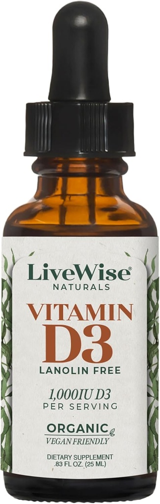LiveWise Naturals Organic D3-vitamiinia nestemäisiä droppeja, vegaaneja, ei-muuntogeenisiä organismeja, kasviperäisiä, 200 IU per pudotus, tukee immuunia, luuta ja mielialaa, helposti absorbiin, MCT Oil 1000 IU