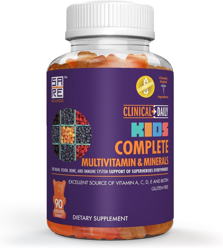 Clinical Daily Complete Kids Multivitamin Daily Gummy Supplement för hjärna, vision, ben och immun hälsa. Vitaminer A, C, E,D,B6,B12, Folate, Biotin, Essential Minerals. 90 Gluten Free Yummy Gummies