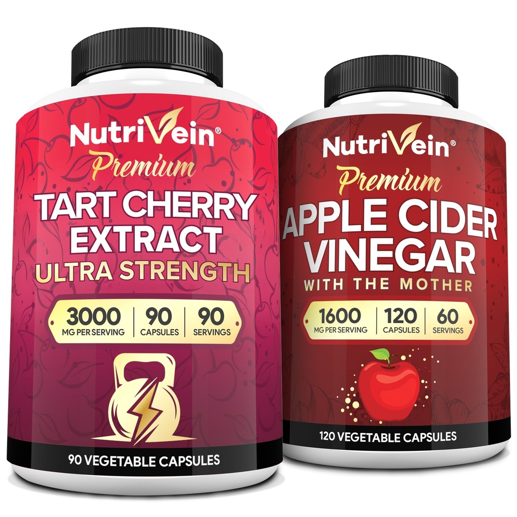 Nutrivein Premium Tart Cherry 500mg & Apple Siideri Viinietikka 1600mg Bundle - Lihaksen Recovery & Uric Acid Cleanse Plus Digestion Support & Weight Management - Ei-GMO, Vegan / Kasvisruokaa - 90 + 120 pillereitä