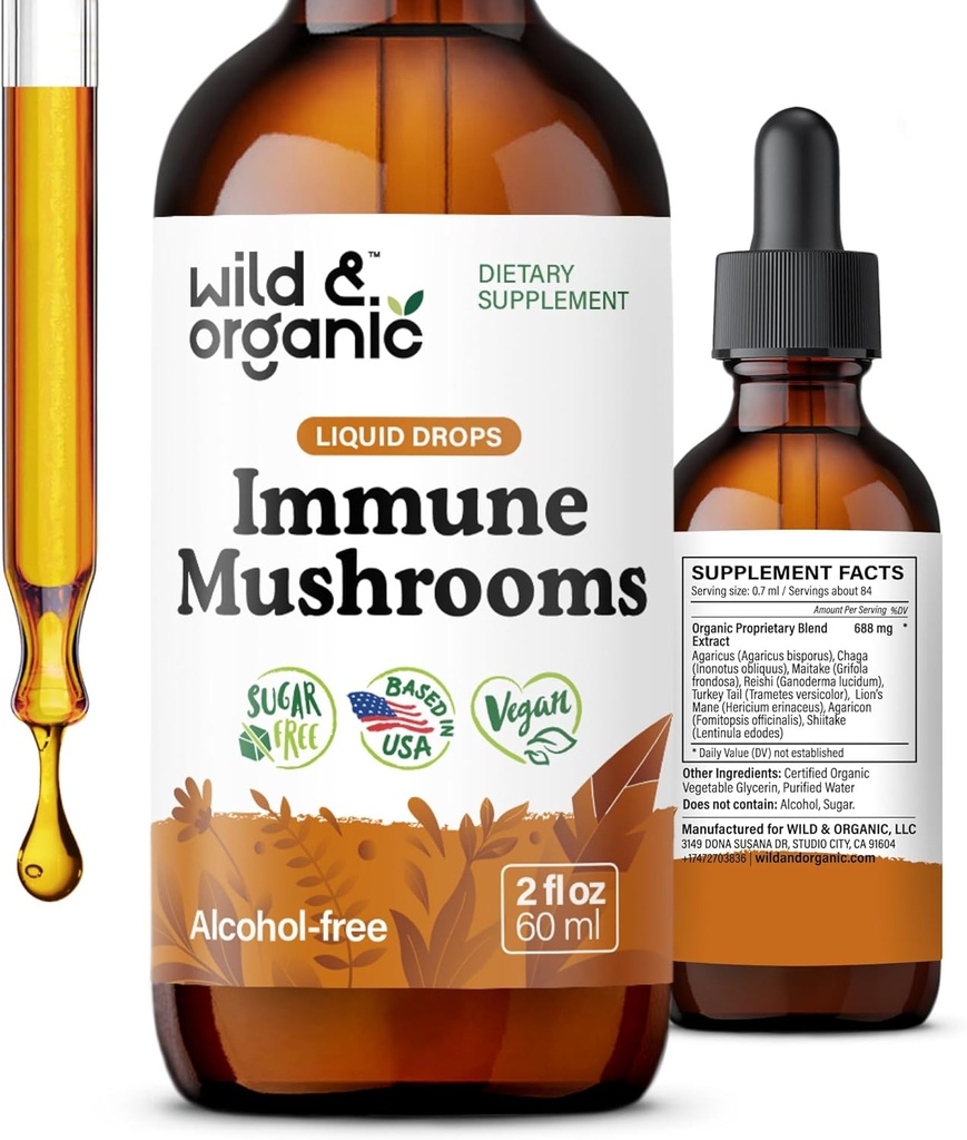Wild & Organic Immune Mushrooms Tincture - 8-in-1 Sieni Complex Chaga, Turkey Tail, Lion's Mane, Reishi Extract - Immunosupport Drops - Vegan, Sugar & Alkoholiton Liquid Supplement - 2 fl oz