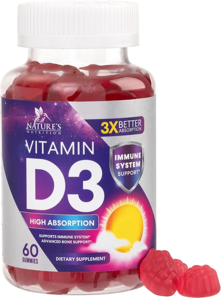 D3-vitamiini Gummy 5000 IU (125 mikrog) - Ruokavaliovitamiinit D-lisä naisille ja miehille - luut, hampaat, lihasten ja immuunien terveystuki, korkea teho VIT D3 Nature ei-GMO & Gluteeniton - 60 Gummy