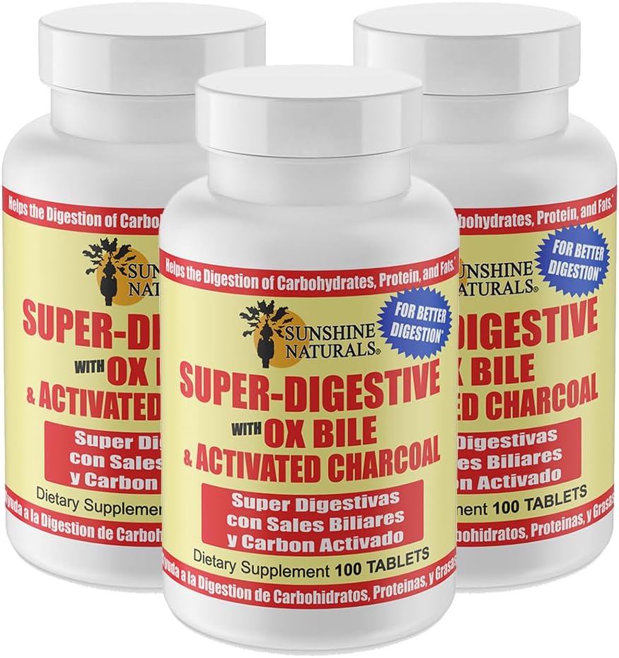 Sunshine Naturals Super Dgestive Supplement. Ox Bile & Active Charcoal for Dgestive Support, Bloating Relief, Gut Cleanse, Nutrient Imeytyminen, ja yleistä hyvinvointia. 100 tablettia 3 kpl pakkaus