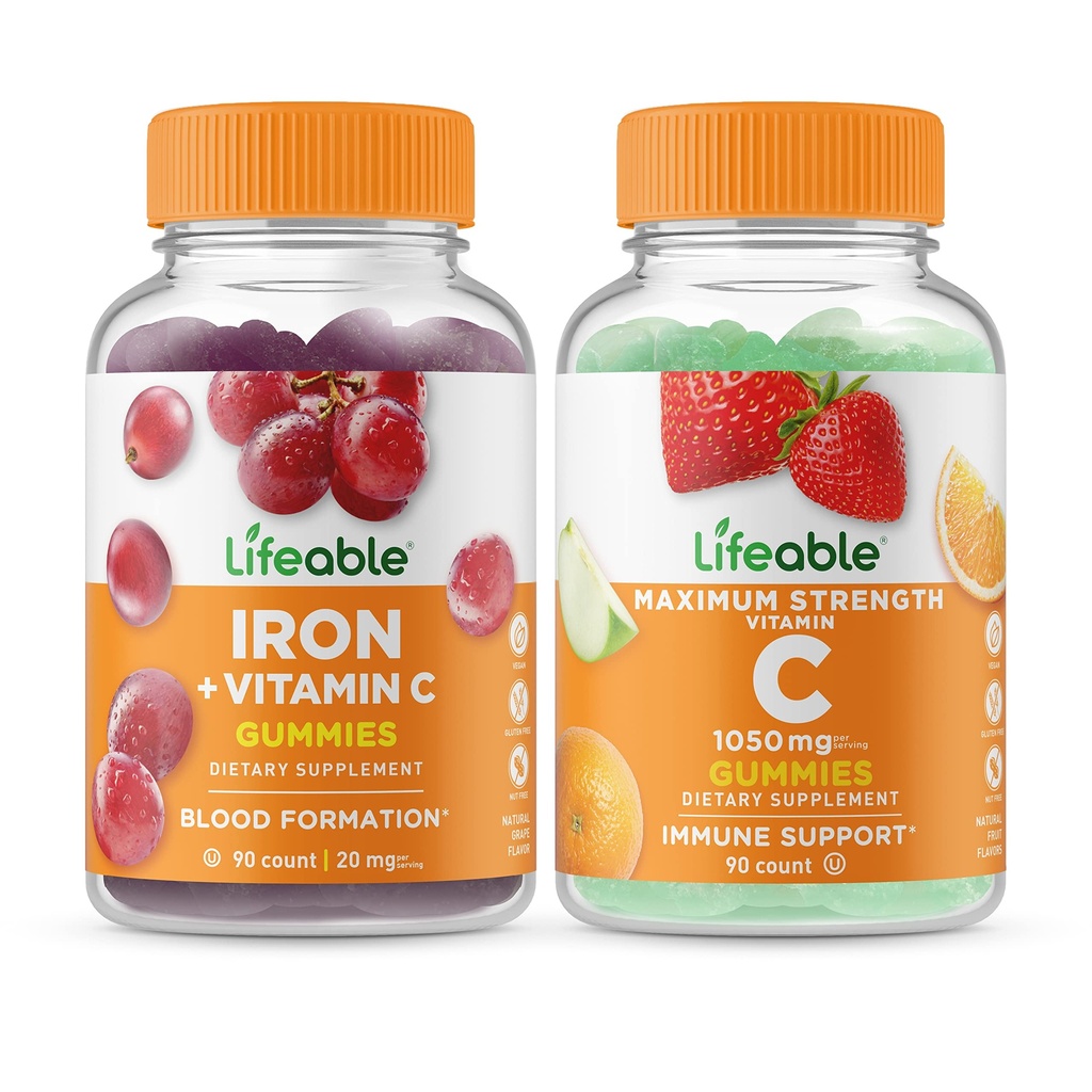 Elinkelpoinen rauta C-vitamiini + C 1050 mg, Gummies Bundle - Suuri maku, vitamiini täydentää, Gluteeniton, GMO vapaa, purukumi