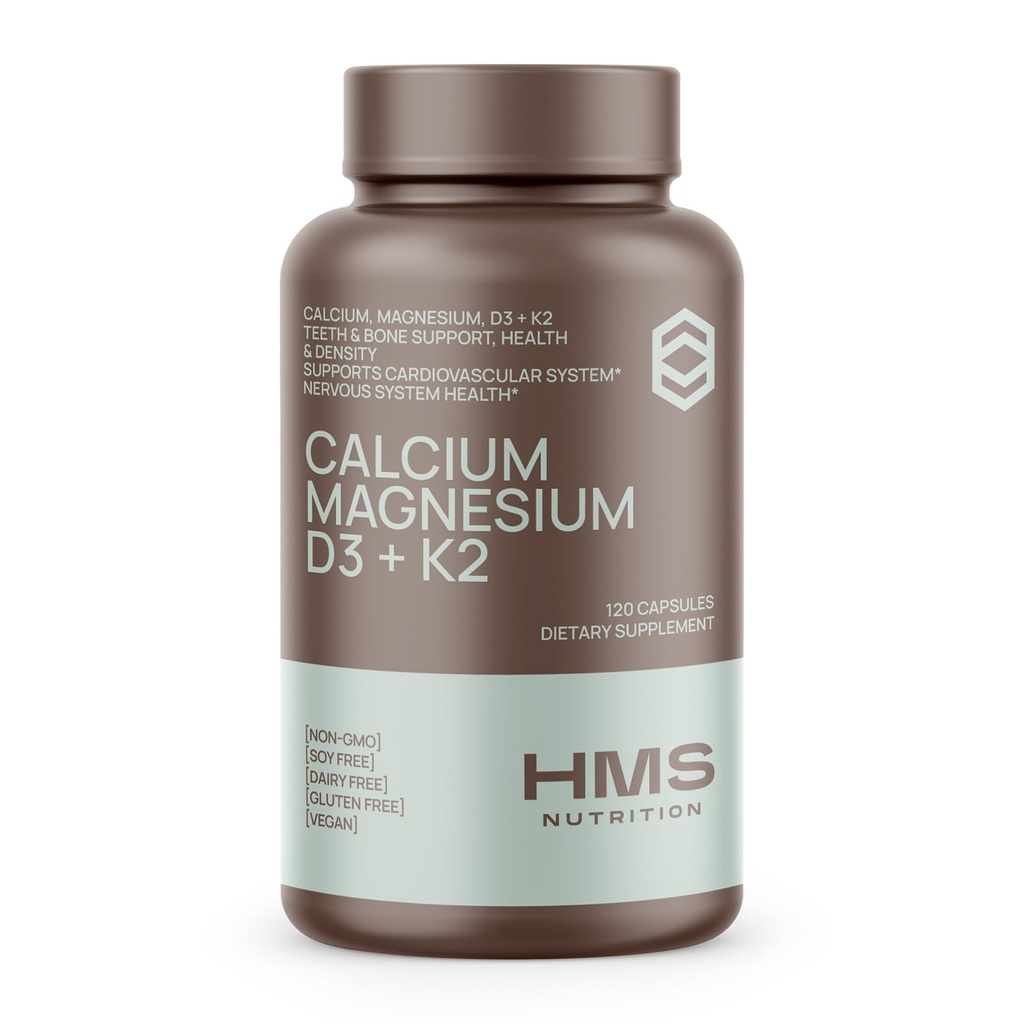 Kalsium, magnesium, D3- vitamiinit + K2- vitamiinit luunterveydelle, immuunituelle, luu- ja hampaiden kalsiumlisä naisille ja miehille, ei GMO:ita, gluteeniton, 120 kapselia