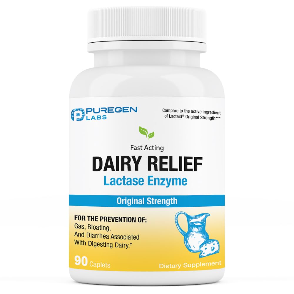 Puregen Labs Dairy Relief Natural Fast Acting Laktaasi Enzyme 3000 FCC, Laktoosi-intoleranssi pillerit 90 Caplets