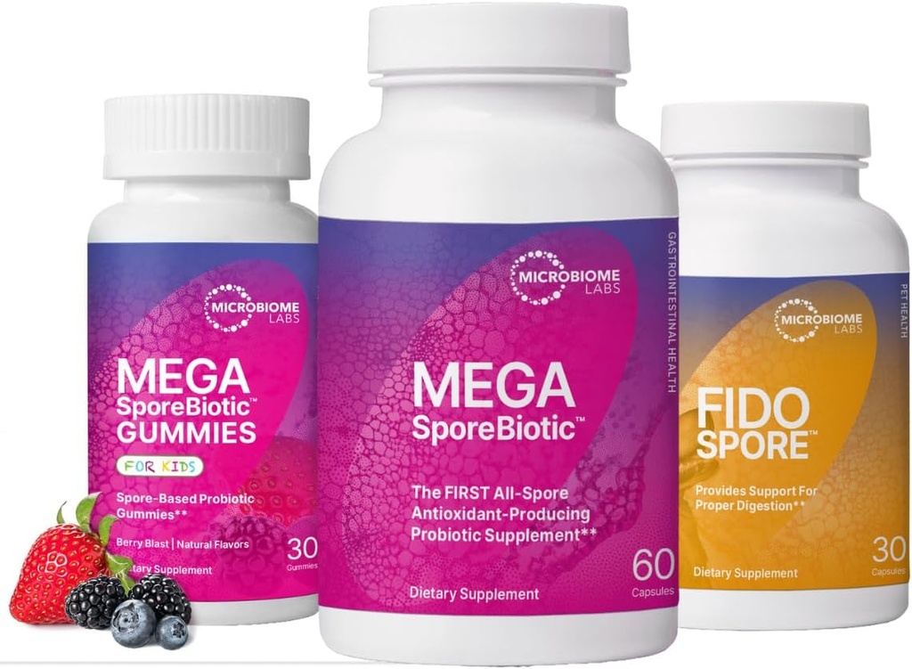 Microbiome Labs Koko perhe Probiootti Bundle - MegaSporeBiotic aikuisille, Probiootti Gummies lapsille, ja FidoSpore Probiootit koirille ja kissoille