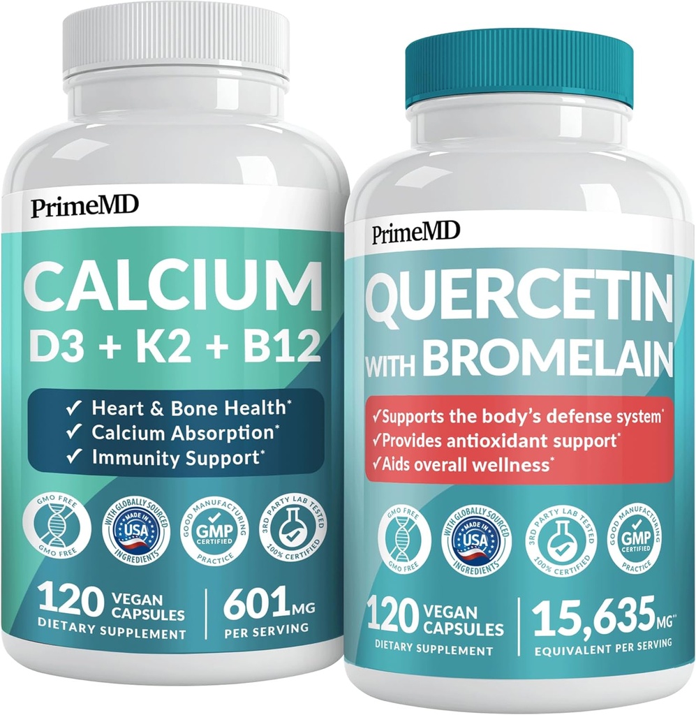 PrimeMD 4-in-1 Calcium Supplements for Women & Men or Heart, Bone & Body Defenses (120 ct) & 28-in-1 Quercetin with Bromelain Supplement - Quercetin 500 mg kapselit immuunipuolustusta varten (120 ct)
