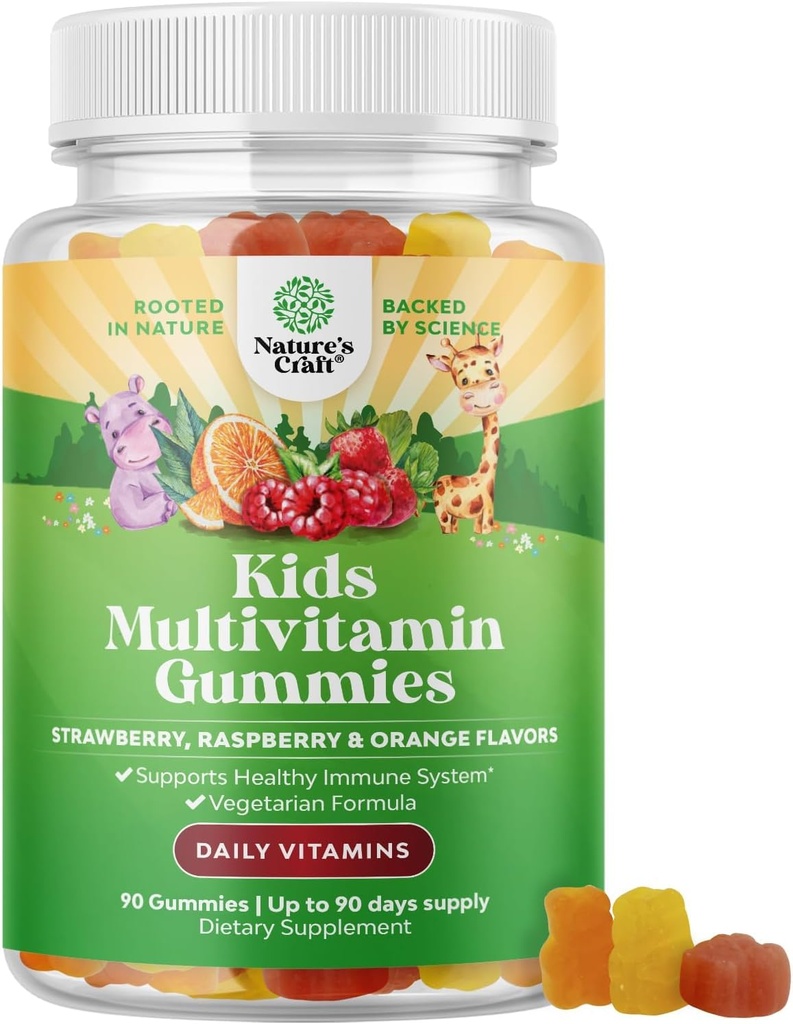 Kasvipohjaiset lapset Multivitamiini Gummies - Monivitamiini lapsille Immuuni tuki vitamiineja A, C, D3, E, B6 & B12, Sinkki & Jodi - Lasten vitamiinit puristava Formula vahva terveys - 90