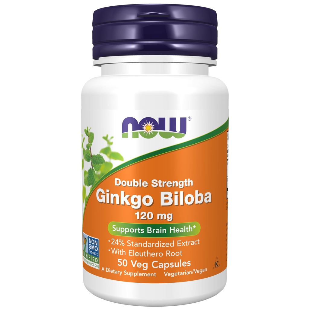 NYT elintarvikkeiden lisäravinteet, Ginkgo Biloba 120 mg, Double Strength, non-GMO Project todennettu, 50 Veg kapselit