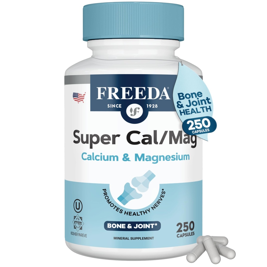 Freeda 2:1 Calcium Magnesium Supplement – Magnesium and Calcium Supplements for Women & Men – Bone Health & Strength, Nerve Function & Muscle Relaxation – Vegan, Third-Party Tested (250 Capsules)