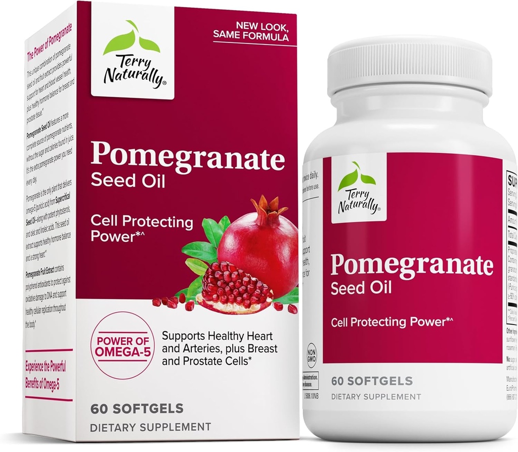 Terry Naturally Pomegranate Seed Oil - Kosttillskott för att stödja kardiovaskulär hälsa - Herbal Non-GMO Supplement med Omega-5 & Pomegranatextrakt - 60 Softgels