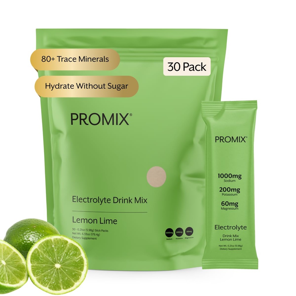 ProMix Nutrition Electrolytes Powder Hydration Packets - Himalayan Pink Salt, Magnesium, Potassium, Vitamin C - Lemon Lime, Lightly Sweetened - 30 Servings (Pack of 30)