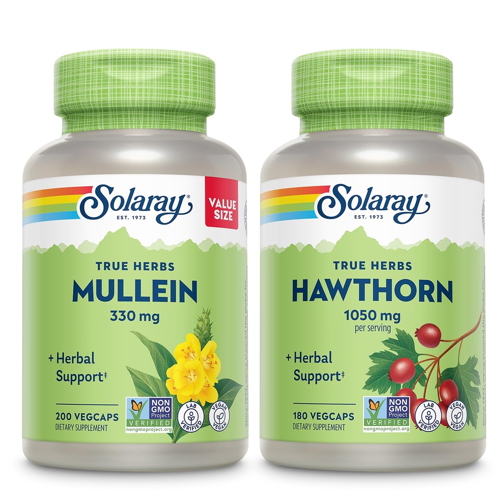 SOLARAY Mullein Leaf 330 mg ja Hawthorn Berry Capsules 1050 mg - Rauhoittava kasviperäisten tuki Bundle yleistä terveyttä ja hyvinvointia - Vegan, ei-GMO, 60 päivän takuu, Lab Varmennettu, 200/180 VegCaps