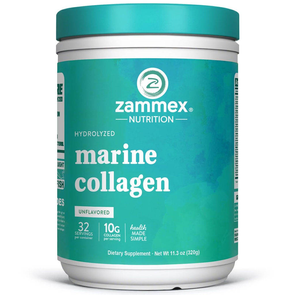 Zammex Marine Collagen Peptides Powder Unmariored, Wild-Caught Fish Collagen Powder, tukee terve iho, hiukset, nivelet, tyyppi 1 & 3 Collagen täydentää naisille - helppo sekoittaa. (32 Tarjoilut)