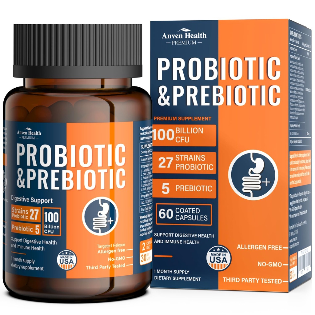 100 miljardia Probiootteja miehille ja naisille 27 Kantat 5 Organic Prebiootit Gut Ruoansulatus-ja immuuniterveyden, Tukee ripuli kaasu turpoaminen, ei-GMO, nolla täyteaineet . Made in USA...60 Caps