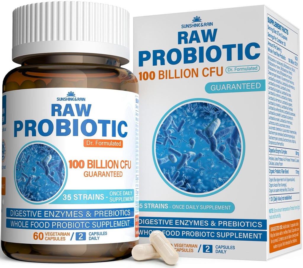 Raw Probiotics for Women & Men - 100 Billion CFU, 35 Strains, Organic Prebiotics & Natural Digestive Enzymes for Digestive, Gut & Immune Health - Dairy, Soy and Gluten Free, Non-GMO, 60 Vegan Capsules