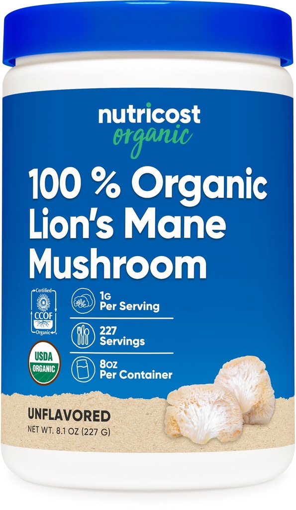 Nutricost Organic Lion's Mane Mushroom Powder (8 oz) - 227 portioner, certifierad USDA Organic Supplement